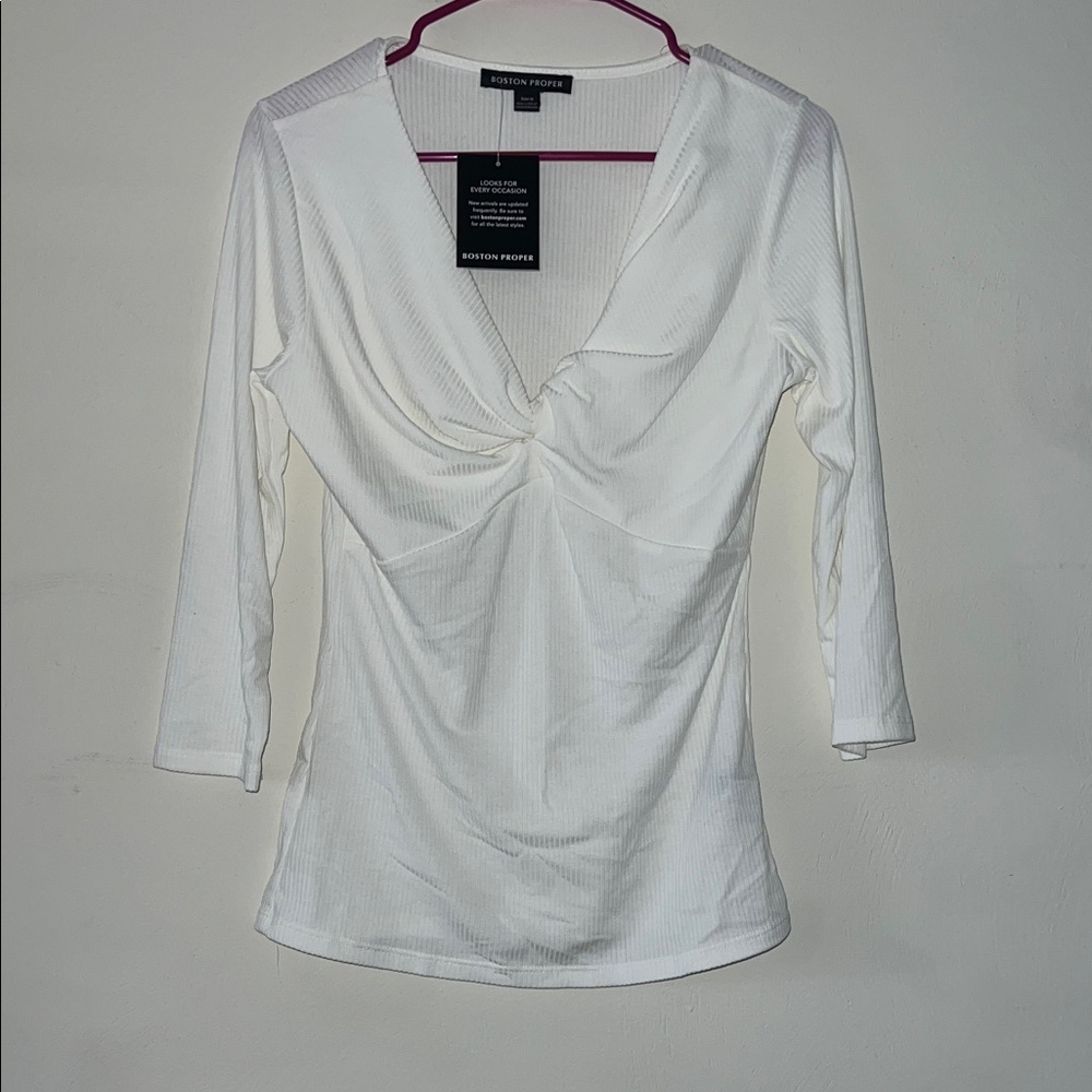Boston Proper White Twist-Front Ribbed V-Neck Top